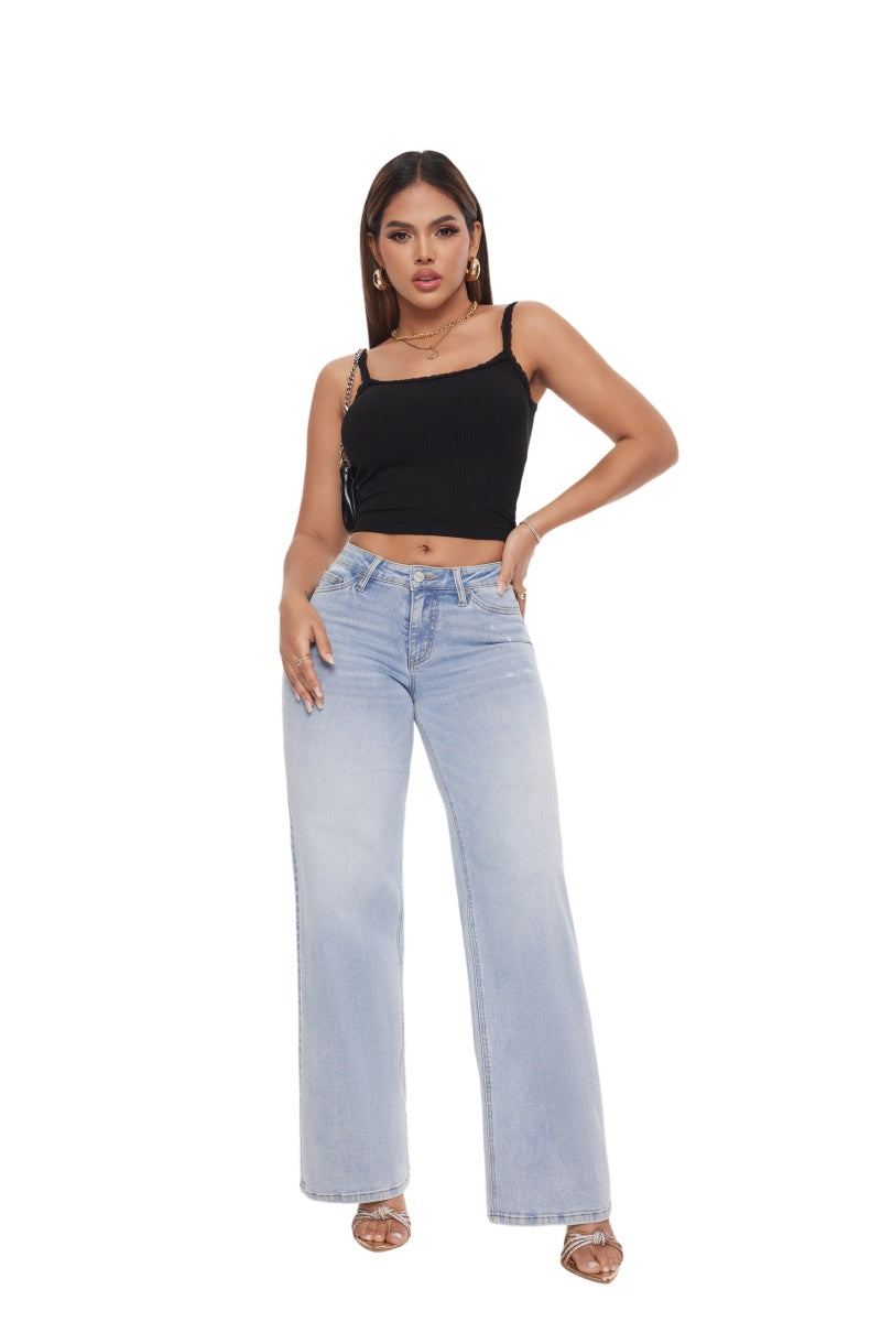 Jeans Wide Tiro Medio Bajo Stretch